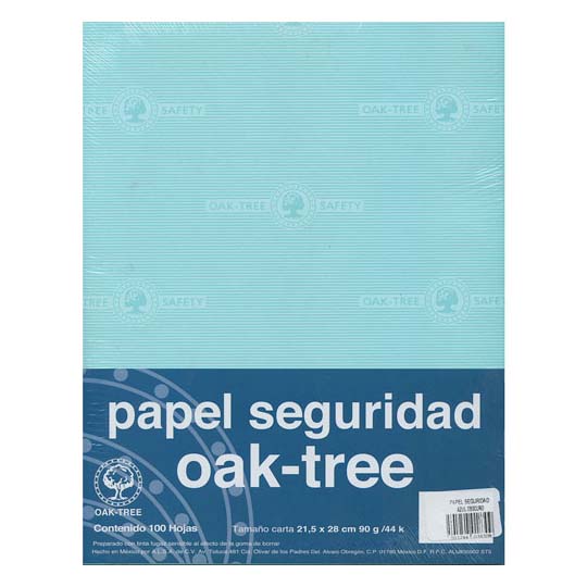 Papel Seguridad Oak Tree Azul Claro Tamaño Carta 90Gramos Paquete Con 100 Hojas 