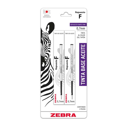 Repuesto De Boligrafo Zebra F, Punto Fino 0.7, Tinta Negra, Blister 2 Piezas