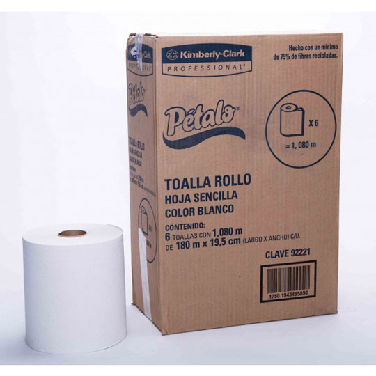 Toalla En Rollo Blanca Petalo De 180 M, Caja Con 6 Bobinas