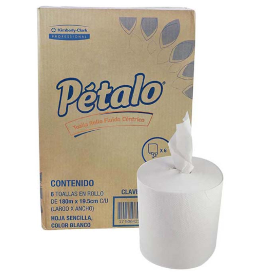 Toalla En Rollo Blanca Petalo De 180 M, Caja Con 6 Bobinas, Fluido Centrico 
