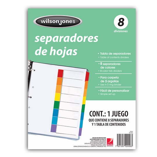 Separador Sin NumeraciÃ³n 8 Divisiones Acco, TamaÃ±o Carta