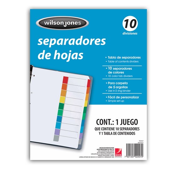 Separador Sin NumeraciÃ³n 10 Divisiones Acco, TamaÃ±o Carta