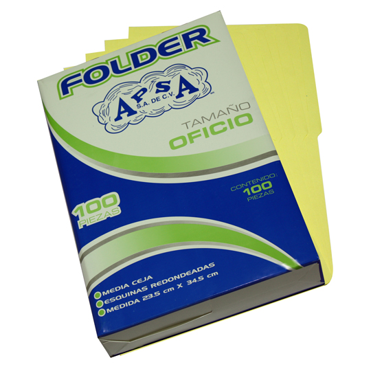 Folder Canario Apsa Tamaño Oficio, Paquete Con 100 Piezas