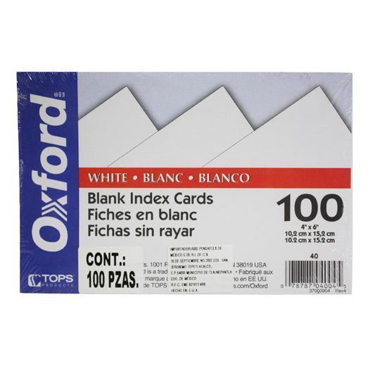 Tarjeta Índice Oxford Color Blanco 4" x 6" paquete con 100 piezas