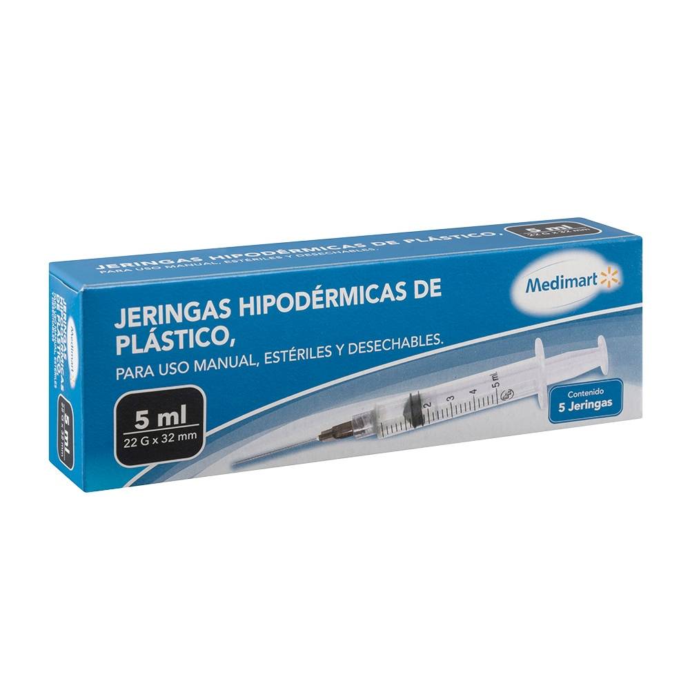 Jeringas Medimart estériles 22 g X 32 mm 5 pzas de 5 ml