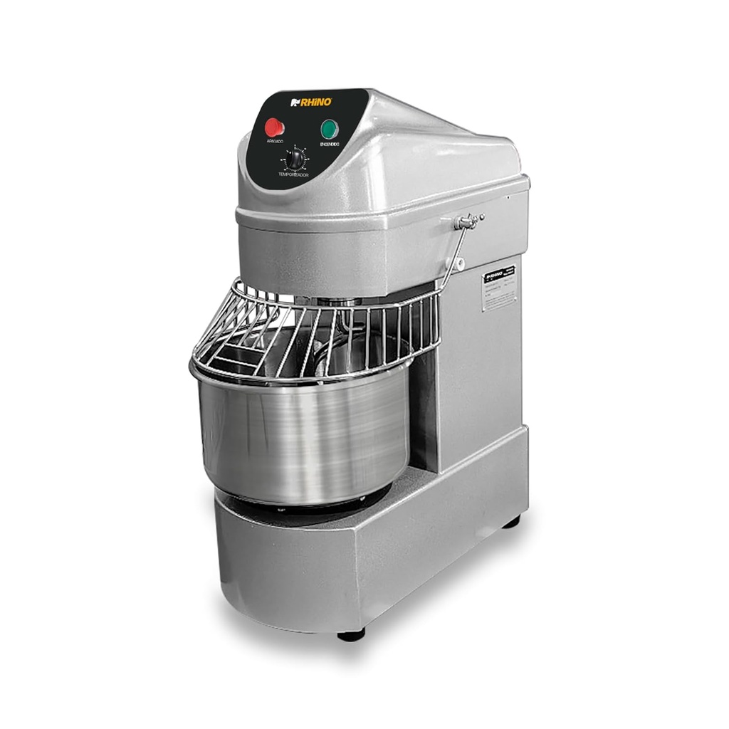 RHINO, Amasadora Industrial, Acero Inoxidable, 20 Litros / 12 Kg de Amasado, 1,100 W de Potencia, Reja Protectora, Temporizador de 60 Minutos, Ideal para Repostería, AMASA-20