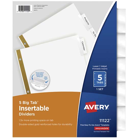Separador Blanco Carta 5 Divisiones Avery, Tecnología Laser/Inkjet 