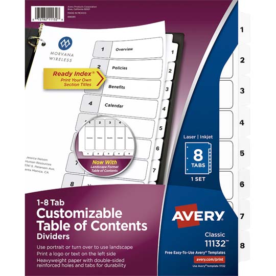 Separador Blanco Carta 8 Divisiones Avery, Tecnología Laser/Inkjet 