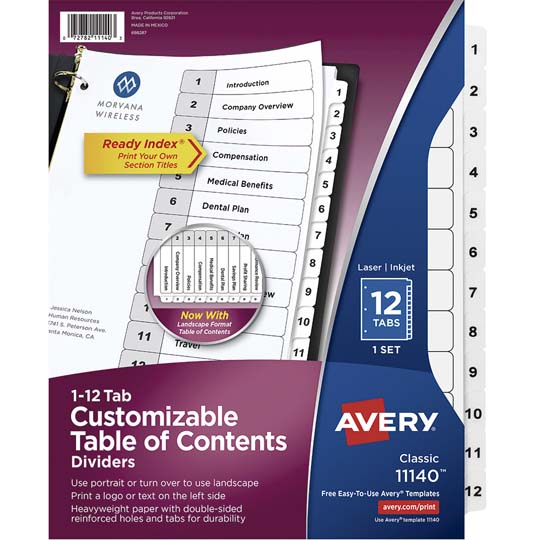 Separador Blanco Carta 12 Divisiones Avery, Tecnología Laser/Inkjet 