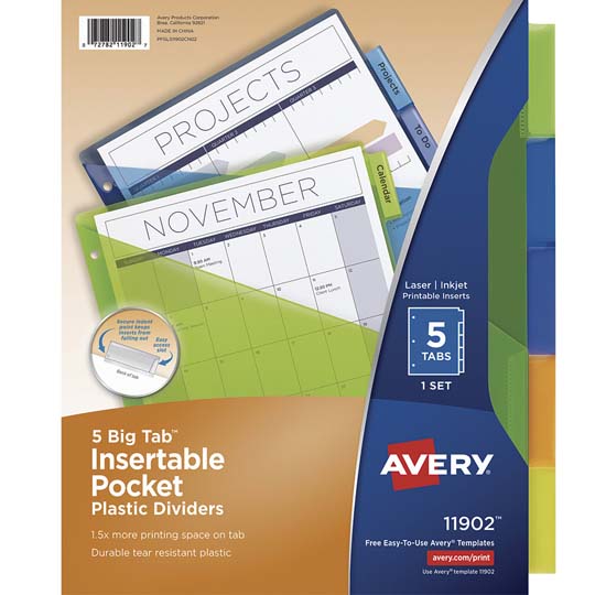 Separador Plástico Carta 5 Divisiones Avery, Tecnología Laser/Inkjet 