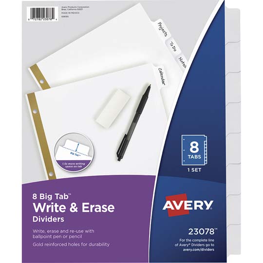 Separador Blanco Carta 8 Divisiones Avery, Pestañas Borrables