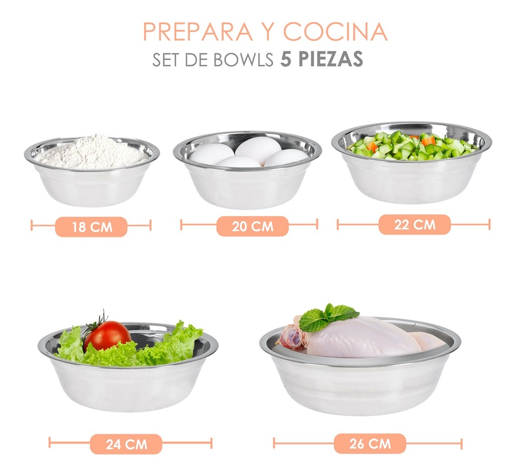 Set Juego Bowls Bowl Tazon Para Comida Acero Inoxidable (18,20,22,24 y 26cm) Acero Inox 