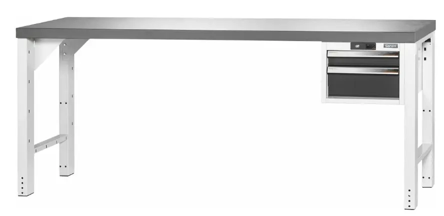 Banco de trabajo Vario con carcasa 24G, altura 850 mm, Tablero de Eluplan oscuro, 20×20G, Longitud de tablero: 2000/2mm