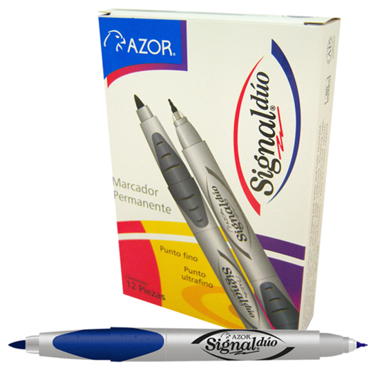 [AZO-MAR-3300AZC] Marcador Doble Punta Bala Signal Duo  (1.5 Mm Y 0.5 Mm) Color Azul Caja Con 12 Piezas