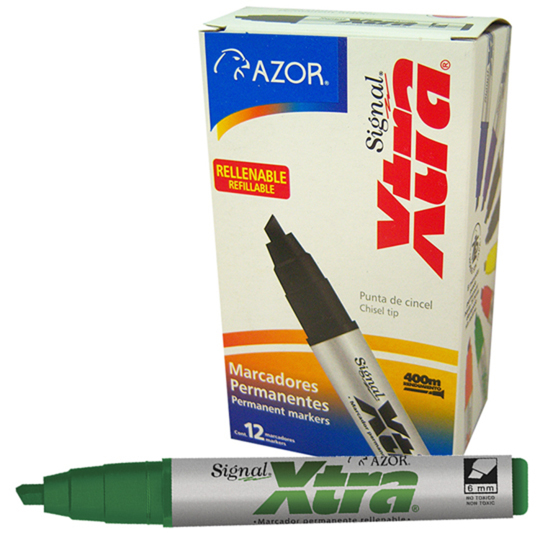 [AZO-MAR-40004] Marcador Permanente Signal Xtra Punta Cincel 6 Mm Color Verde Caja Con 12 Pzas