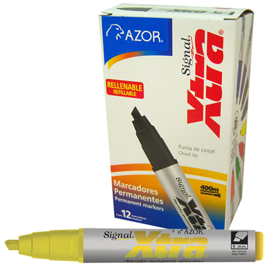 [AZO-MAR-40005] Marcador Permanente Signal Xtra Punta Cincel 6 Mm Amarillo Caja Con 12 Pzas