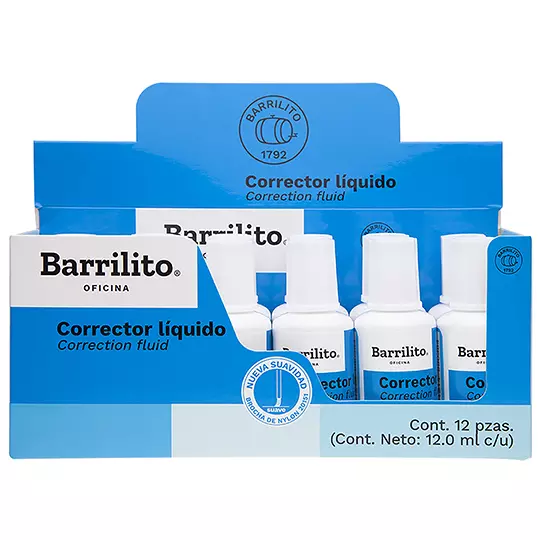 Corrector Líquido Barrilito Bote Con 12 Piezas De 12Ml