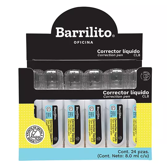 Corrector Líquido Tipo Bolígrafo Barrilito de 8 ml con 24 piezas