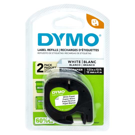 Cinta de papel DYMO letratag imprime negro sobre blanco de 12mmx4m