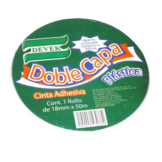 Cinta doble capa DEVEK 18mm x 50mts. color blanco, cinta de polipropileno