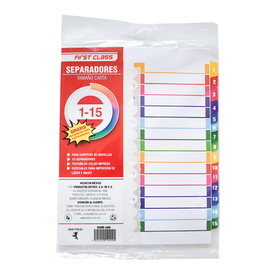Separadores Dietrix Tamaño Carta Del 1 Al 15 Pestañas De Color Impreso El Numero