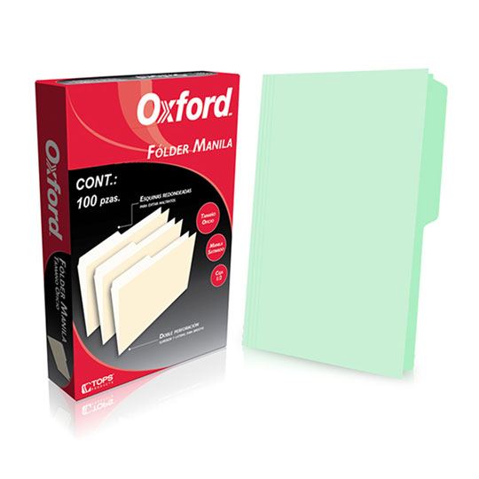 Folder Manila Oxford Oficio Color Verde Ceja 1/2 Caja Con 100 Pzas