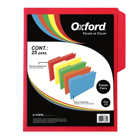 Folder De Color Oxford Carta Color Rojo Ceja 1/2 Caja Con 25 Pzas