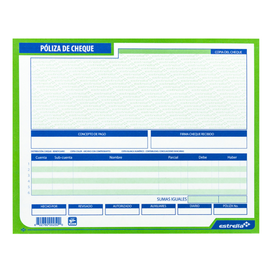 Póliza Cheque 1/2 Carta,Block Con 50 Hojas