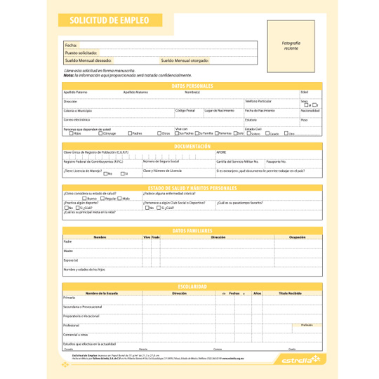Solicitud De Empleo Estrella Block  40 H