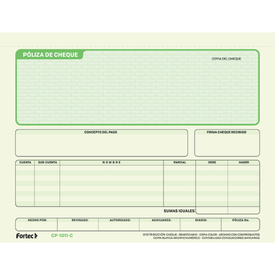 Póliza De Cheque Con Carbón Fortec 1/2 O