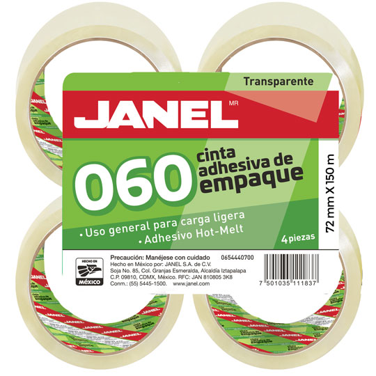 Cinta de empaque línea 060 hot Melt transparente JANEL 72mmx150m 4 piezas