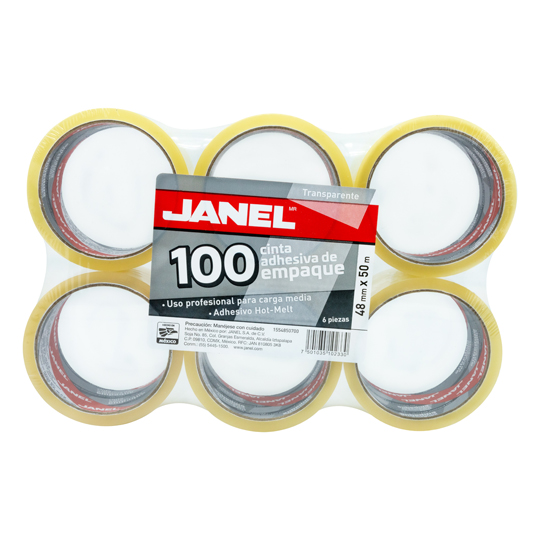 Cinta empaque línea 100 transparente JANEL 48mmx50m con 6 piezas