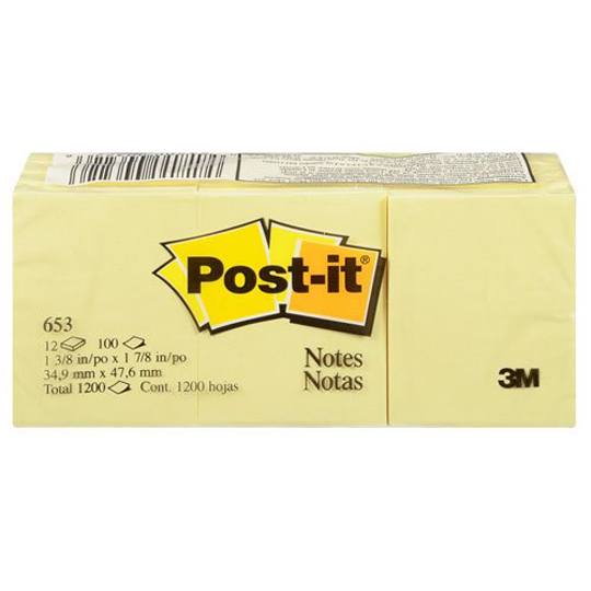 Notas Adhesivas Mod. 653 Post-It Amarillas 1.5X2 Pulgadas, 12 Blocks Con 100 Hojas Cada Uno