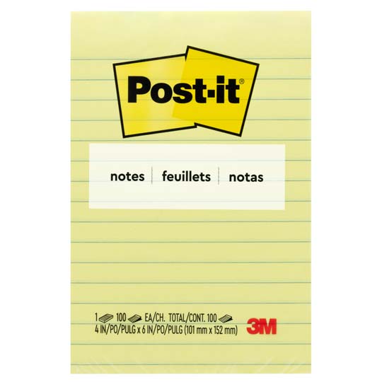 Notas Adhesivas Mod. 660 Post-It Amarillas 4X6 Pulgadas 1 Block Con 100 Hojas Rayadas