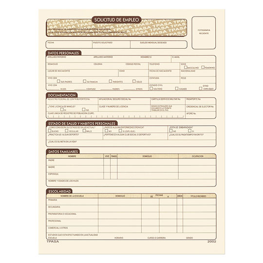 Solicitud De Empleo Pinos Altos Blíster Con 5 Blocks De 25 Hojas C/U