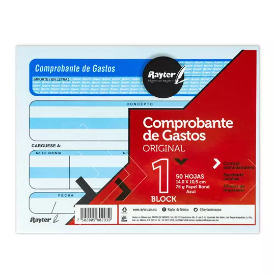 Comprobante De Gastos Rayter, 1/4 De Carta,Con 50 Hojas