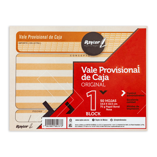 Vale Provisional Rayter, Tamaño 1/4 Cart