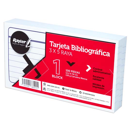 Tarjeta Bibliográfica Rayter, 12.2 X 7.0 Cm,, Rayada, Con 100 Piezas