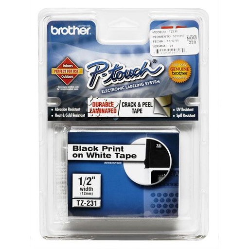 [BRO-CIN-TZ231] Cinta Brother Negro Sobre Blanco De 12Mm Tze231
