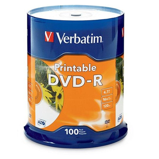 [VER-DIS-95153D] Disco Verbatim Dvd-R 4.7Gb 16X White Imprimible Con 100 Piezas