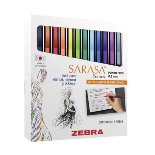[ZEB-MAR-4846] Marcador Tipo Rotulador Sarasa Porous Zebra, Punto 0.8, 12 Pz Colores Surtidos. 