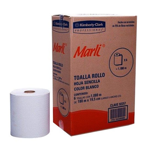 [LKC-TOAR-92257] Toalla En Rollo Blanca Marli Con 180 M, Caja Con 6 Bobinas
