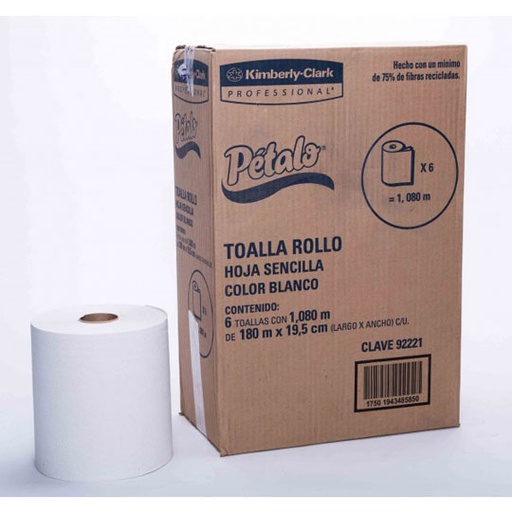 [LKC-TOAR-92221] Toalla En Rollo Blanca Petalo De 180 M, Caja Con 6 Bobinas