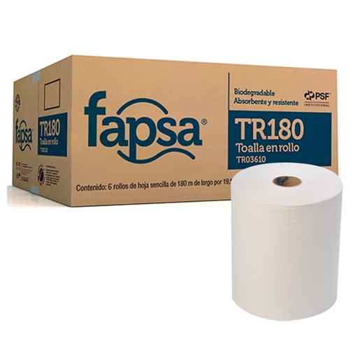 [LFA-TOARO-3610] Toalla Fapsa En Rollo Blanca De 180 M, Caja Con 6 Bobinas