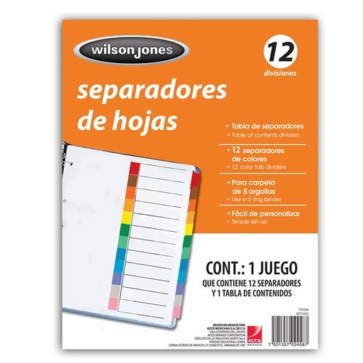 [ACO-SEP-P2458] Separador Sin Numeración 12 Divisiones Acco, Tamaño Carta
