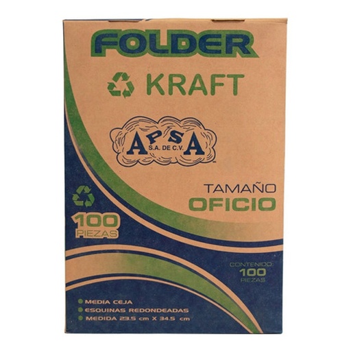 [APS-FOL-L26] Folder  Kraft Apsa Tamaño Oficio  , Paquete Con 100 Piezas