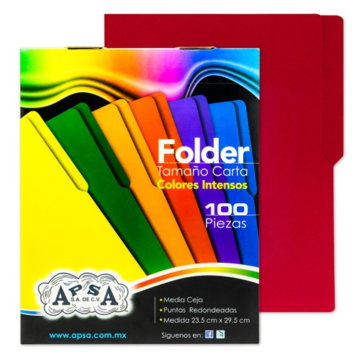 [APS-FOL-L80] Folder Rojo Intenso Apsa Tamaño Carta, Paquete Con 100 Piezas