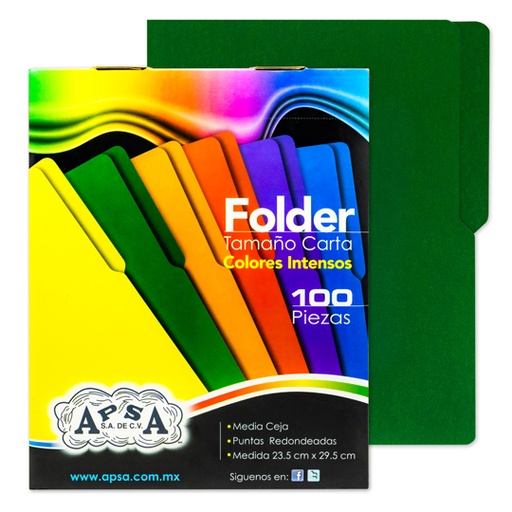 [APS-FOL-L82] Folder Verde Intenso Apsa Tamaño Carta Paquete Con 100 Piezas
