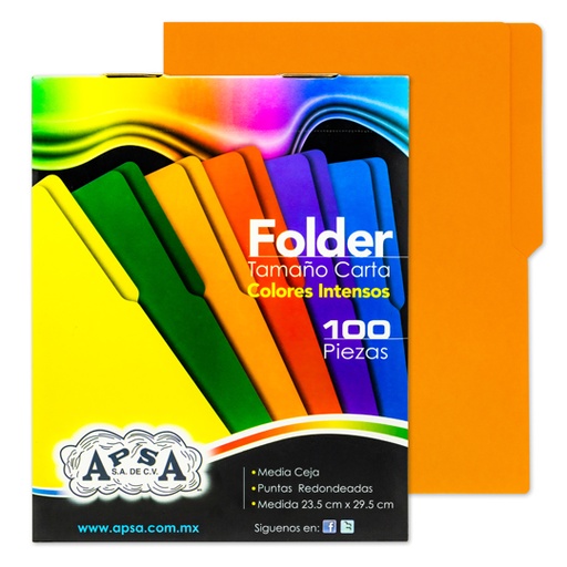 [APS-FOL-L84] Folder Naranja Intenso Apsa Tamaño Carta, Paquete Con 100 Piezas 