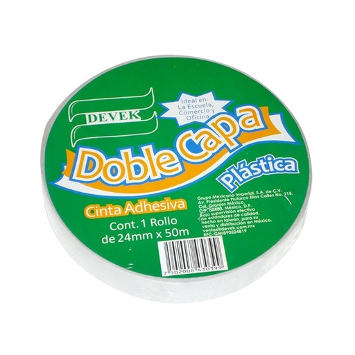 [DEV-CIN-PDC100] Cinta Doble Capa Devek 24 Mm X 50 Mts color blanco, cinta de polipropileno